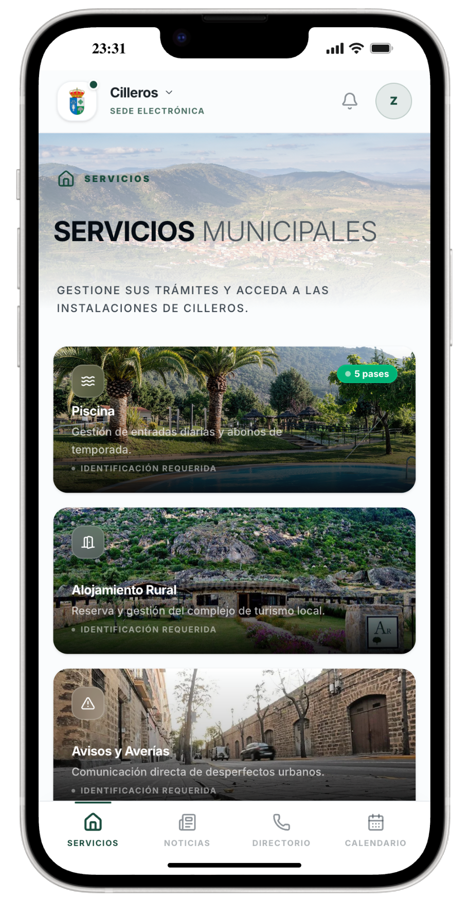 Aplicación Zntro en iPhone mostrando el panel municipal con noticias y avisos